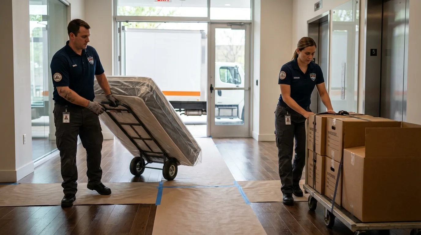 Professional apartment movers loading elevator in Holyoke, MA