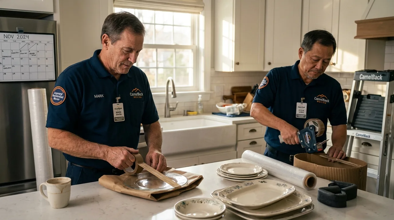 Professional crew packing kitchen dishware in Holyoke, MA